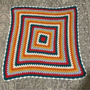 Handmade Vintage-Style Crochet Granny Square Blanket - Vibrant Rainbow Throw